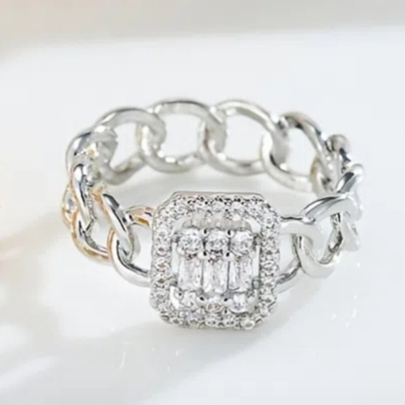 Diamond Halo Clear Crystal Silver Chain Link Band Ring Size 6 - Picture 2 of 10